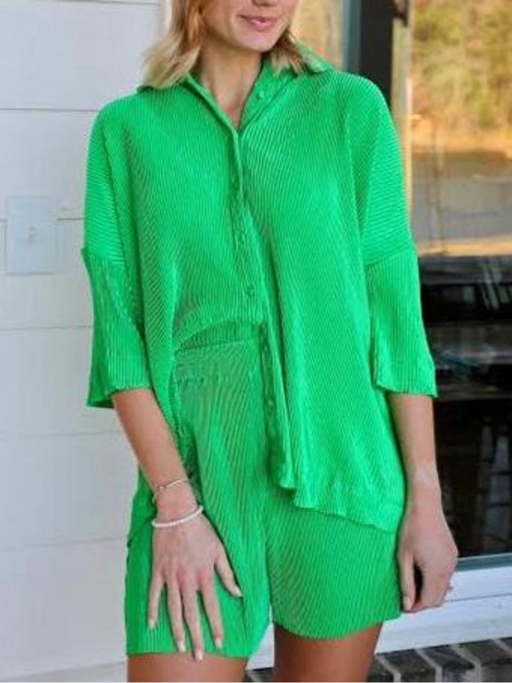 UMGEE Pleated Plissé Two-Piece Short Set- Green Size:Large